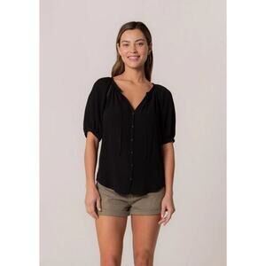 Lovestitch Women's Black Rosslyn Short Puff Sleeve Button Up Blouse Top Size L